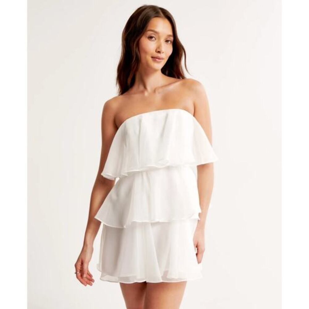 Abercrombie & Fitch white I do Organza Tiered Strapless Mini Dress
